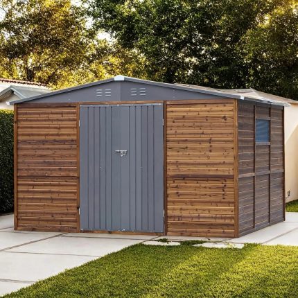 8x10 FT Wood & Metal Storage Shed - Windows, 4 Vents, Waterproof