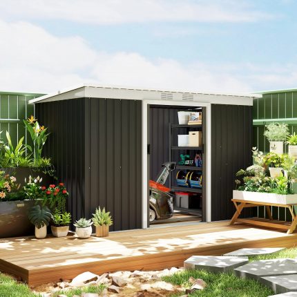 9x4 FT Metal Outdoor Storage Shed - Lockable Doors, Gray, Galvanized Steel
